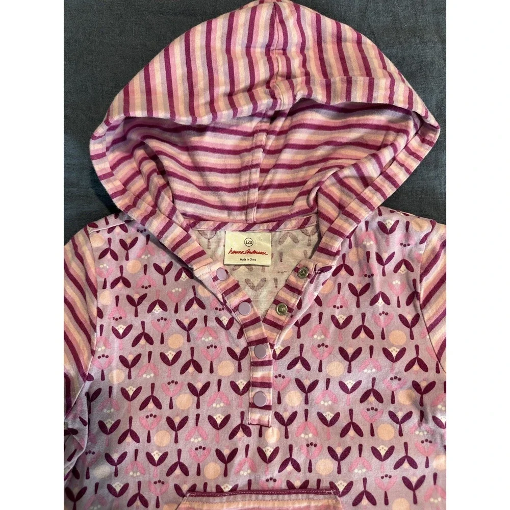 Hanna Andersson Kids Hoodie Dress‎ Pink Striped Short Sleeves Button 6-7YO 120cm